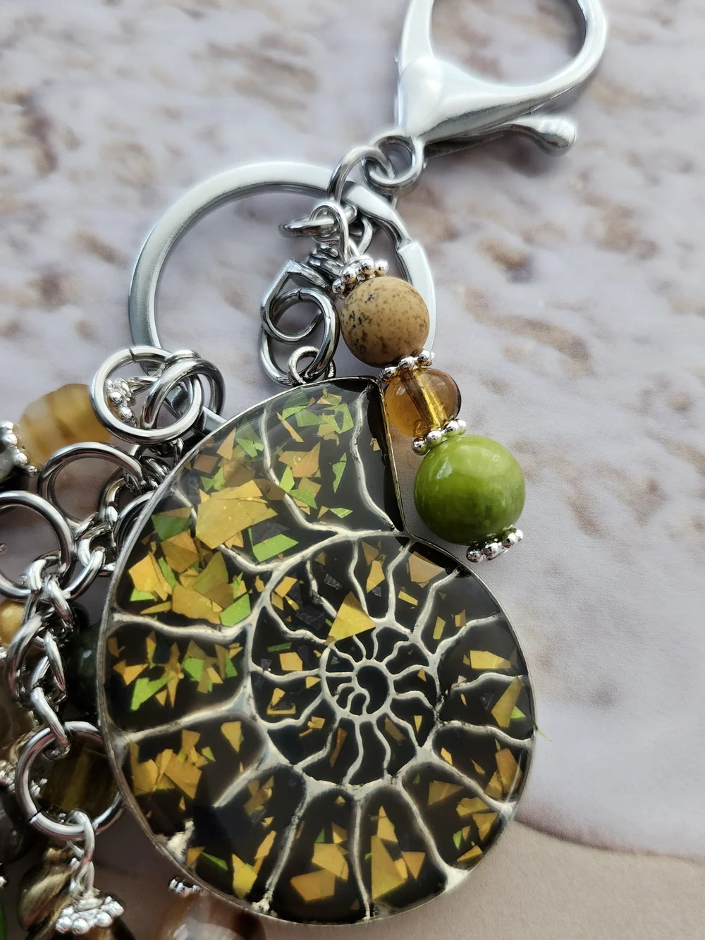 Shell Fossil Purse Charm or Keychain Jasper Agate Stone Handcrafted